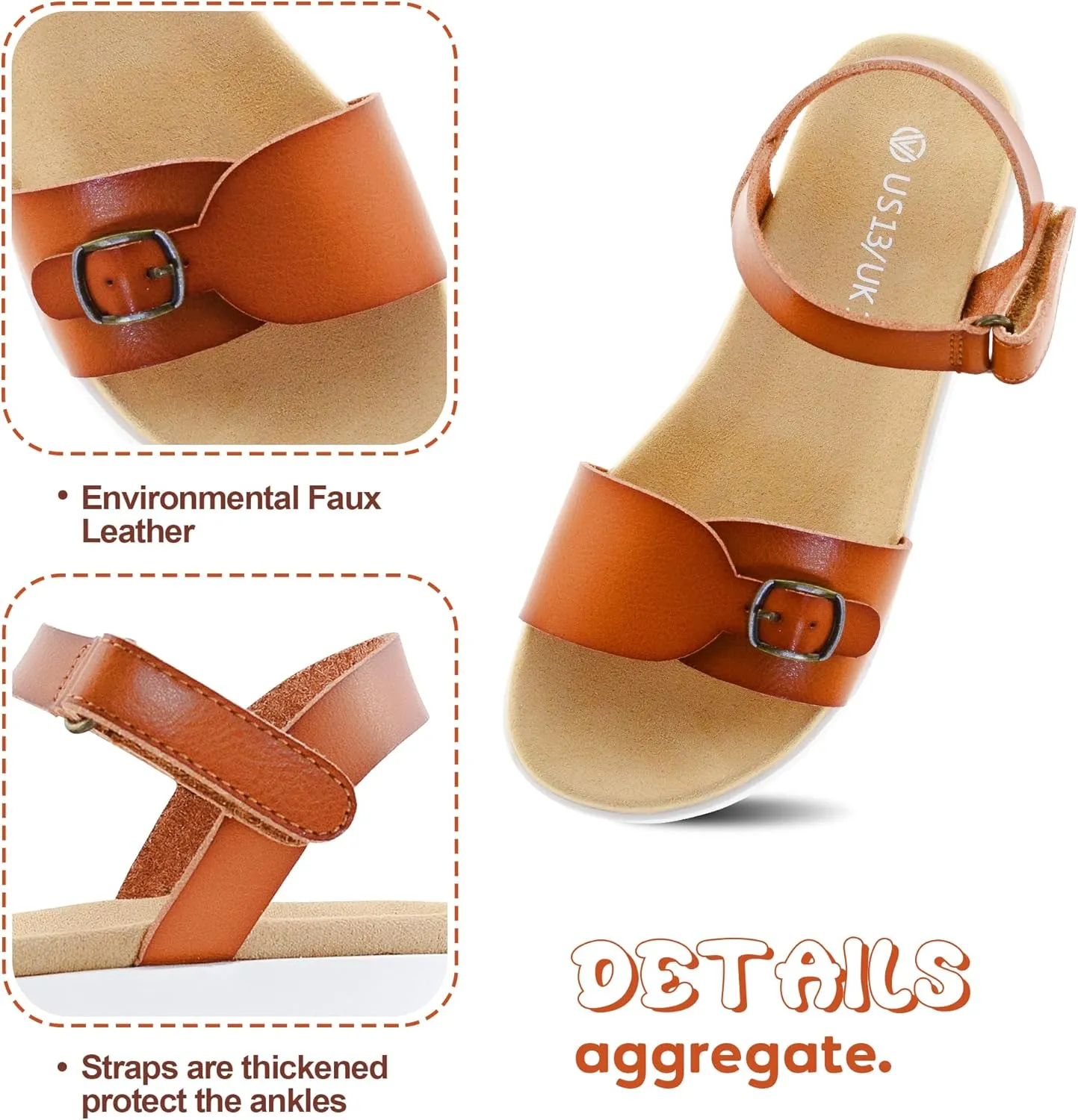 Girls Sandals: White & Orange Flat Sandals, Open Toe, Adjustable Strap, Size 13/1/2/3/4/5