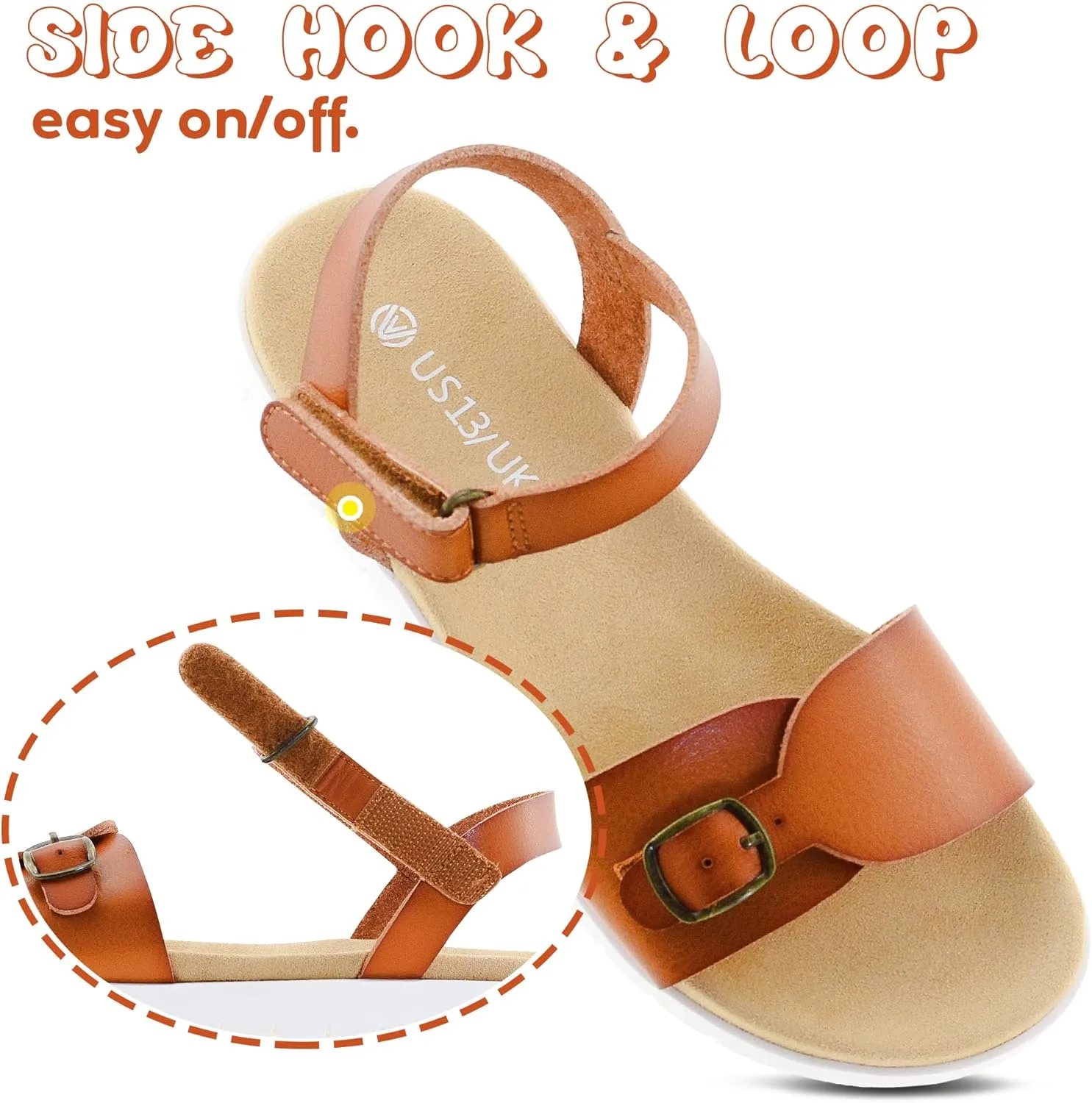 Girls Sandals: White & Orange Flat Sandals, Open Toe, Adjustable Strap, Size 13/1/2/3/4/5