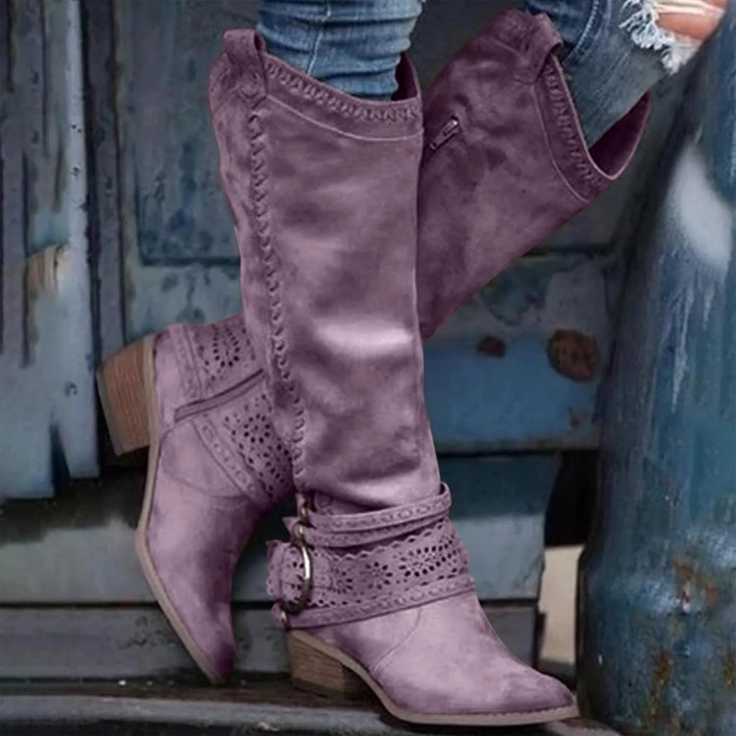 Hbeylia Knee High Western Cowboy Cowgirls Boots For Women Vintage Boho Lace Leather Pointed Toe Chunky Block Mid Heels Knee Length Long Boots With Side Zip Fashion Winter Fall Dress Tall Boots