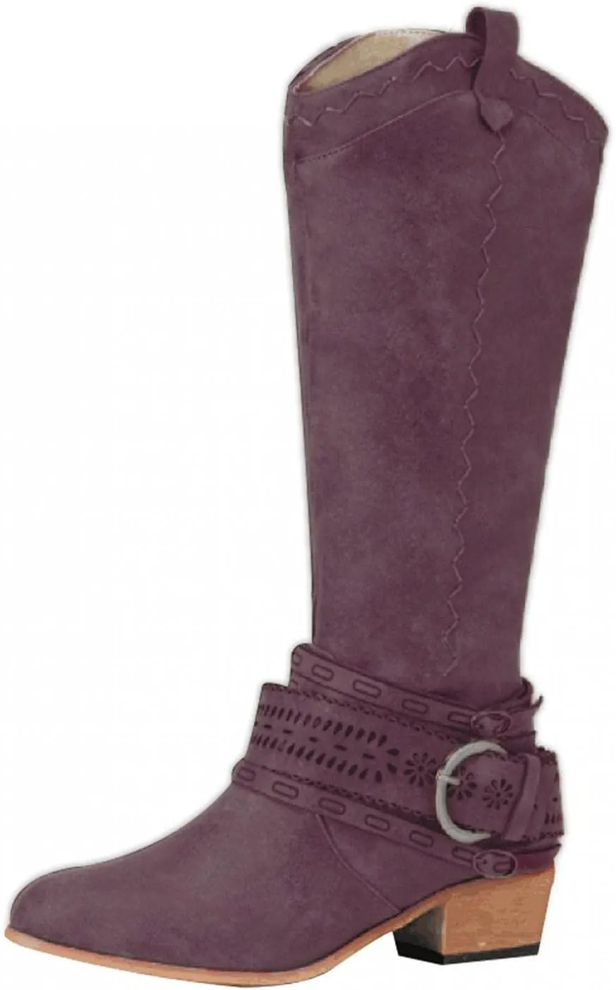 Hbeylia Knee High Western Cowboy Cowgirls Boots For Women Vintage Boho Lace Leather Pointed Toe Chunky Block Mid Heels Knee Length Long Boots With Side Zip Fashion Winter Fall Dress Tall Boots