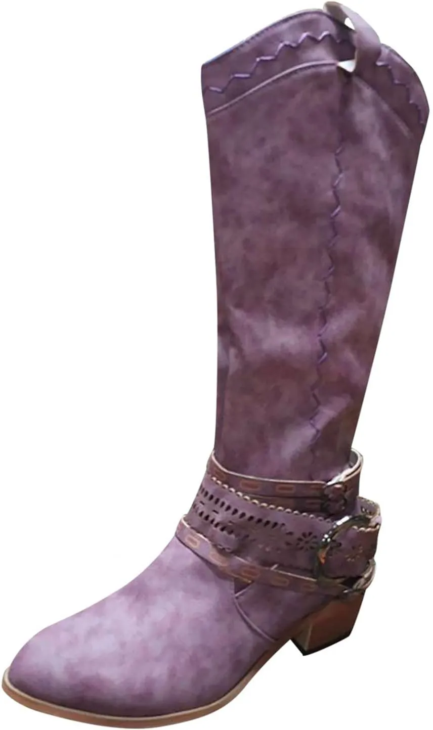 Hbeylia Knee High Western Cowboy Cowgirls Boots For Women Vintage Boho Lace Leather Pointed Toe Chunky Block Mid Heels Knee Length Long Boots With Side Zip Fashion Winter Fall Dress Tall Boots