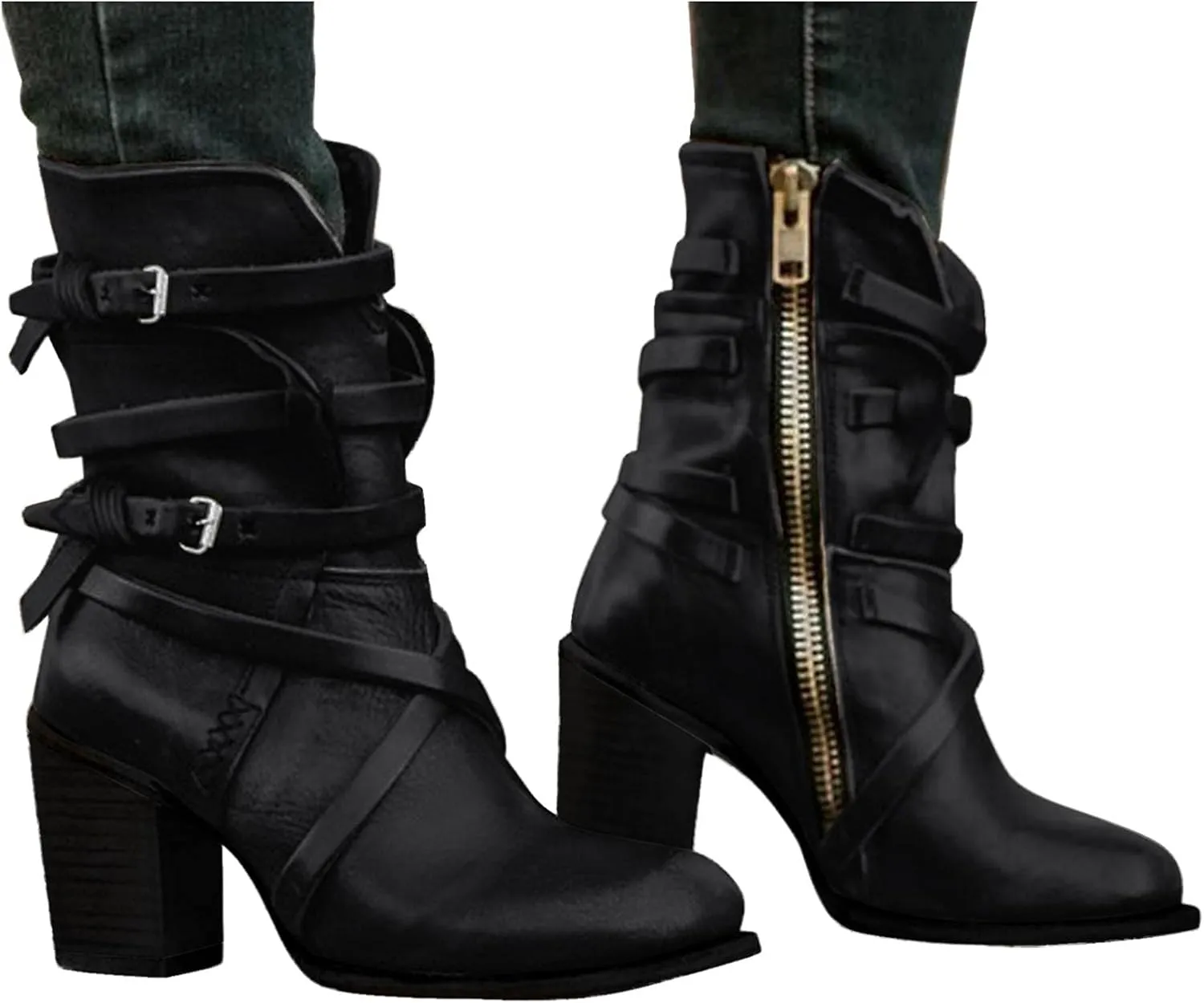 Hbeylia Leather Cowboys Cowgirls Boots For Women Fashion Slouchy Strap Belt Wrapped Chunky Block High Heels Wide Mid Calf Boots Vintage Western Dressy Pump Ankle Booties Riding Short Boots