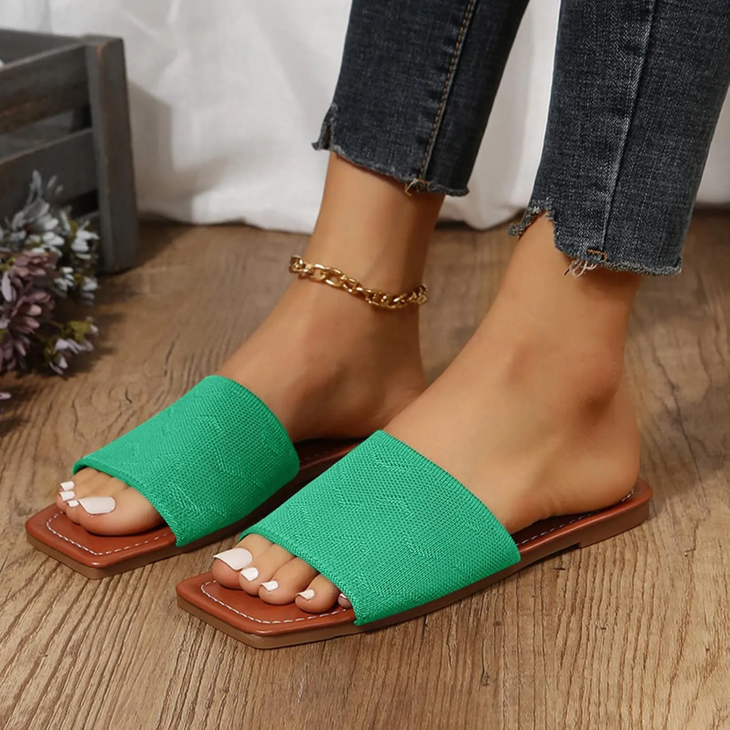 Hbeylia Sandals for Women Dressy Summer Fashion Knitted Square Open Toe Gladiator Flip Flops Comfortable Bohemian Slip On Indoor Outdoor Dressy Boho Casual Sandals