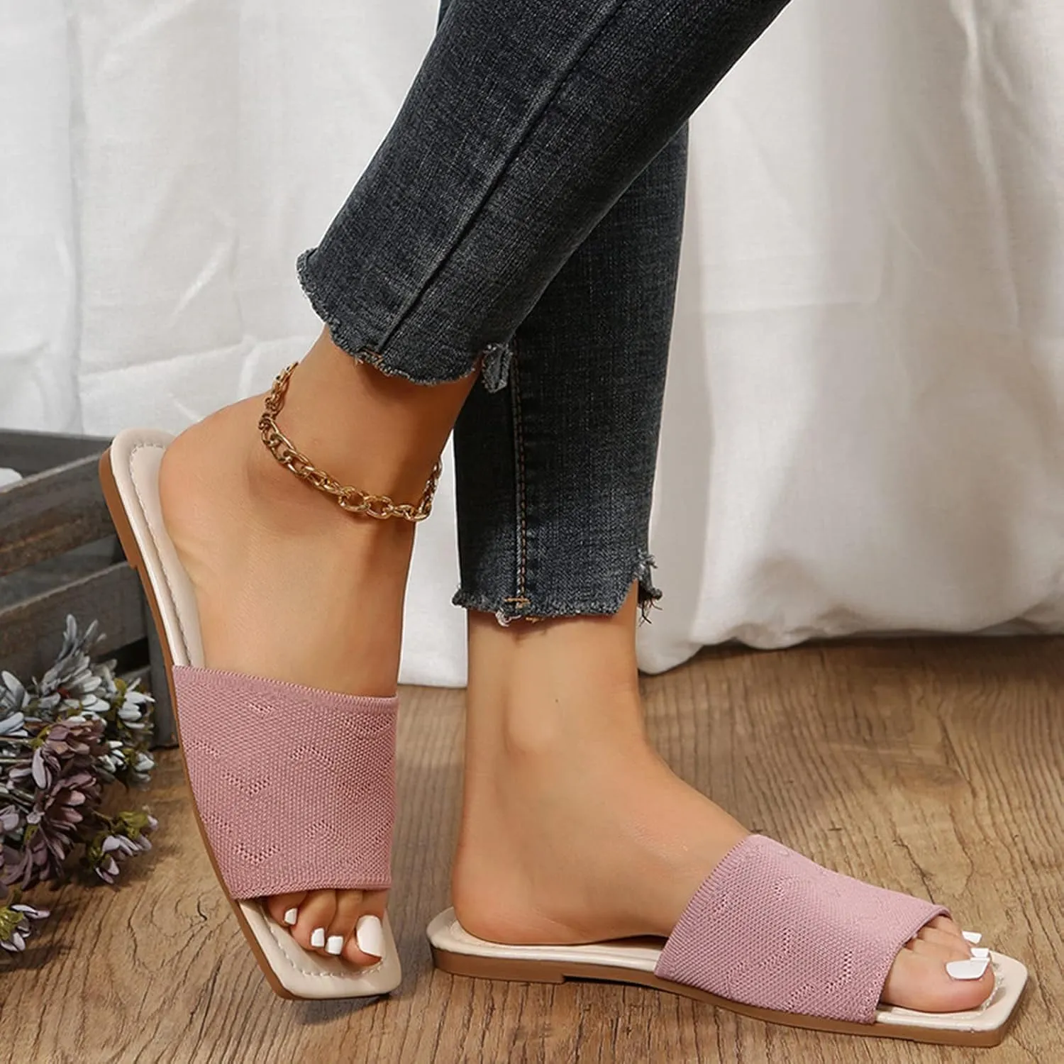 Hbeylia Sandals for Women Dressy Summer Fashion Knitted Square Open Toe Gladiator Flip Flops Comfortable Bohemian Slip On Indoor Outdoor Dressy Boho Casual Sandals