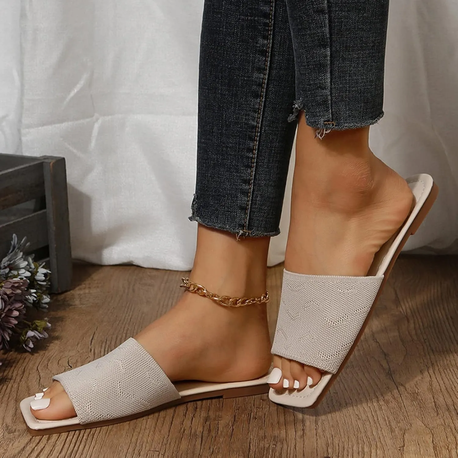 Hbeylia Sandals for Women Dressy Summer Fashion Knitted Square Open Toe Gladiator Flip Flops Comfortable Bohemian Slip On Indoor Outdoor Dressy Boho Casual Sandals