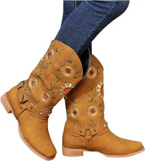 Hbeylia Sunflower Embroidered Cowboy Boots For Women Ethnic Vintage Suede Square Toe Metal Buckle Chunky Block Mid Heels Pullon Wide Calf Boots Rhinestones Retro Dress Work Short Boots For Ladies