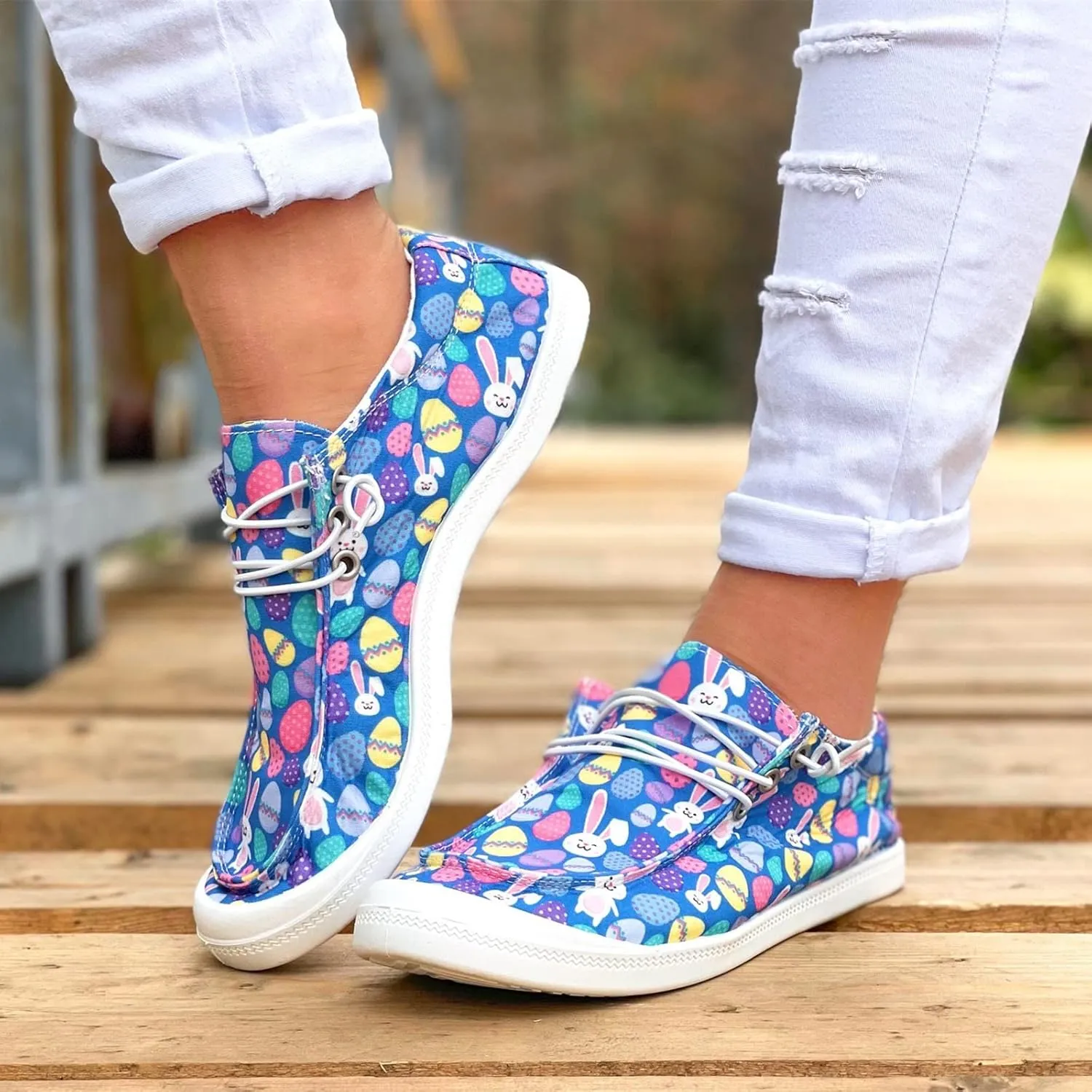 Hbeylia Women Shoes Linen Canvas Slip On Sneakers Lace Up Style Loafers Casual Printed Slip-On Flats Play Sneakers Lightweight Comfortable Sport Walking Shoes Loafers Tenis para Mujeres