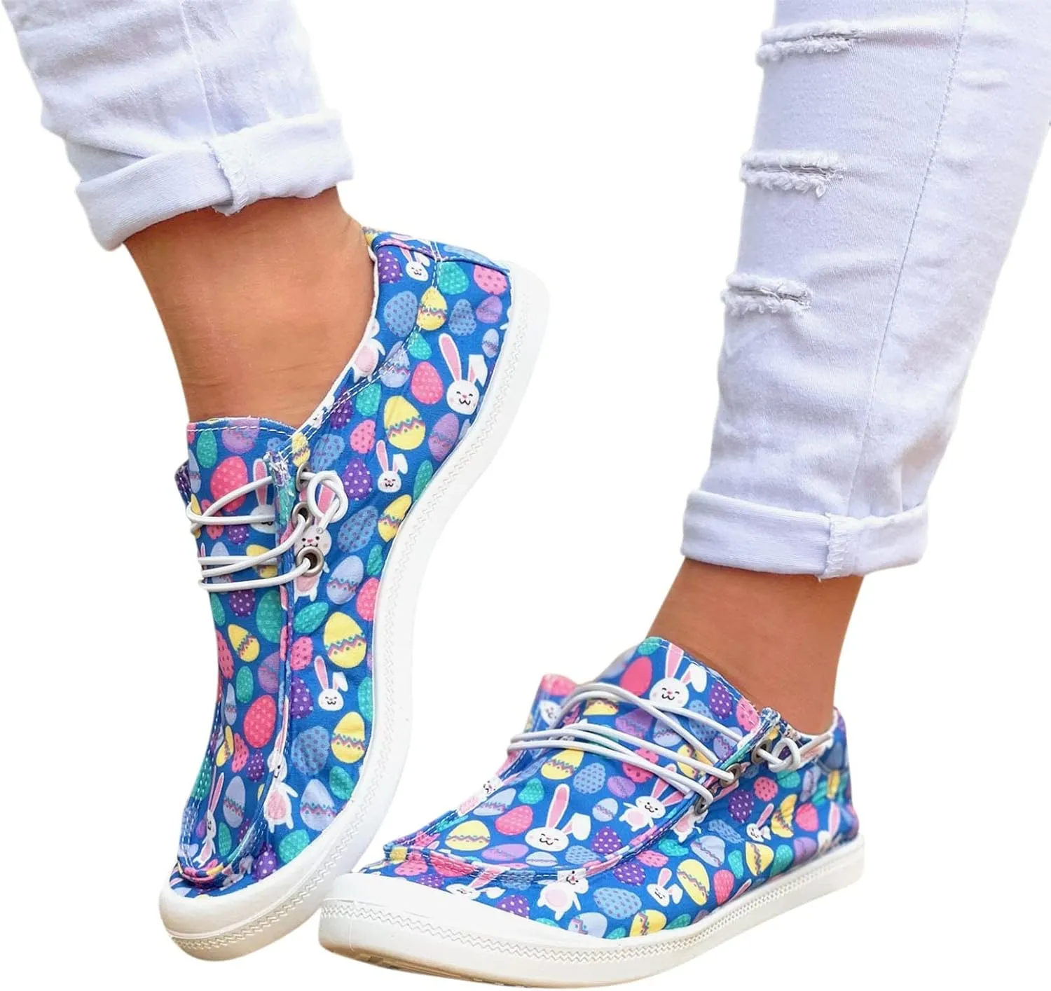 Hbeylia Women Shoes Linen Canvas Slip On Sneakers Lace Up Style Loafers Casual Printed Slip-On Flats Play Sneakers Lightweight Comfortable Sport Walking Shoes Loafers Tenis para Mujeres
