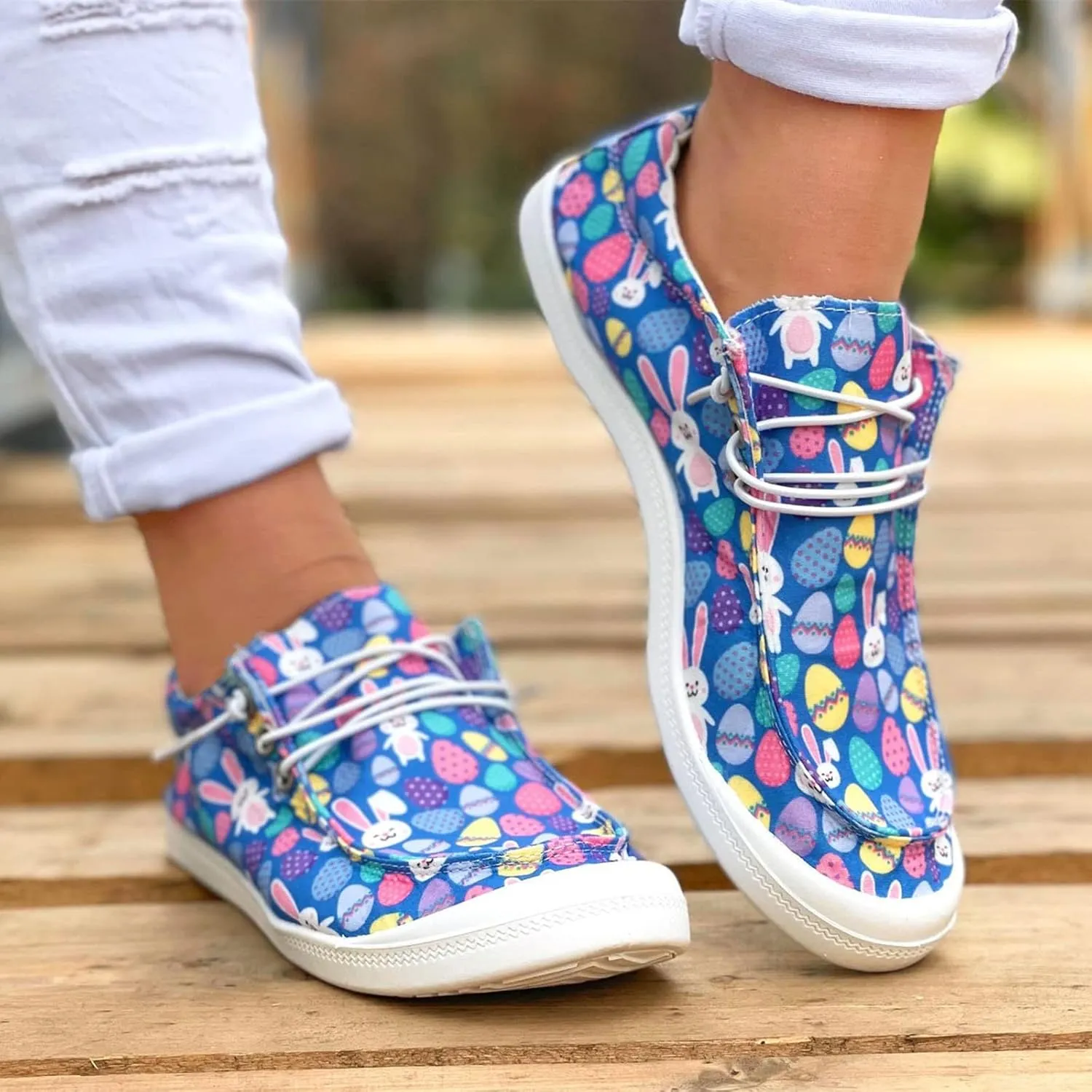 Hbeylia Women Shoes Linen Canvas Slip On Sneakers Lace Up Style Loafers Casual Printed Slip-On Flats Play Sneakers Lightweight Comfortable Sport Walking Shoes Loafers Tenis para Mujeres