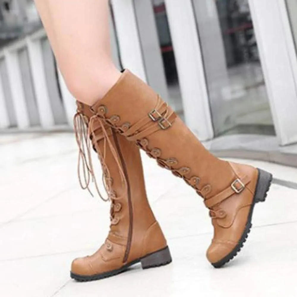 Hbeylia Women's Motorcycle Riding Boots Fashion Leather Metal Buckle Lace Up Knee High Chunky Heel Goth Combat Boots Gothic Punk Low Heel Military Over The Knee Winter Tall Boots For Women