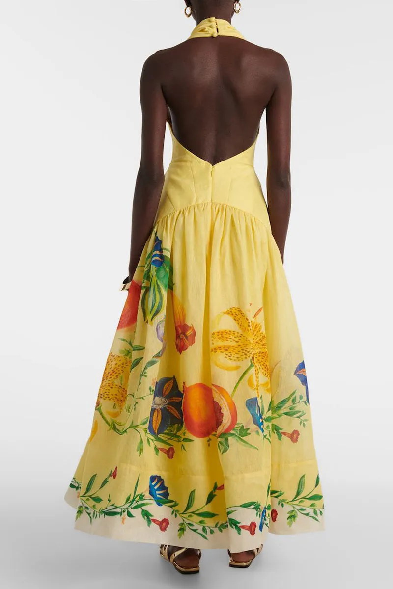 HBZ1257 Floral Print Backless Maxi Dress