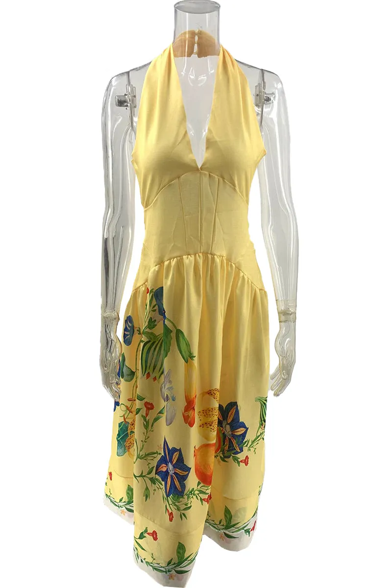 HBZ1257 Floral Print Backless Maxi Dress