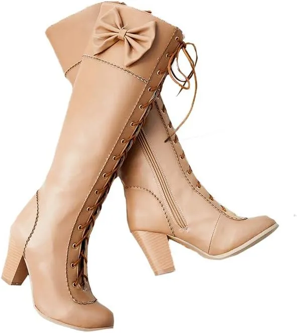 HILIB Women's Lace-Up Strappy Knee High Bowtie Elegants Boots Combat Stacked Heel Boot