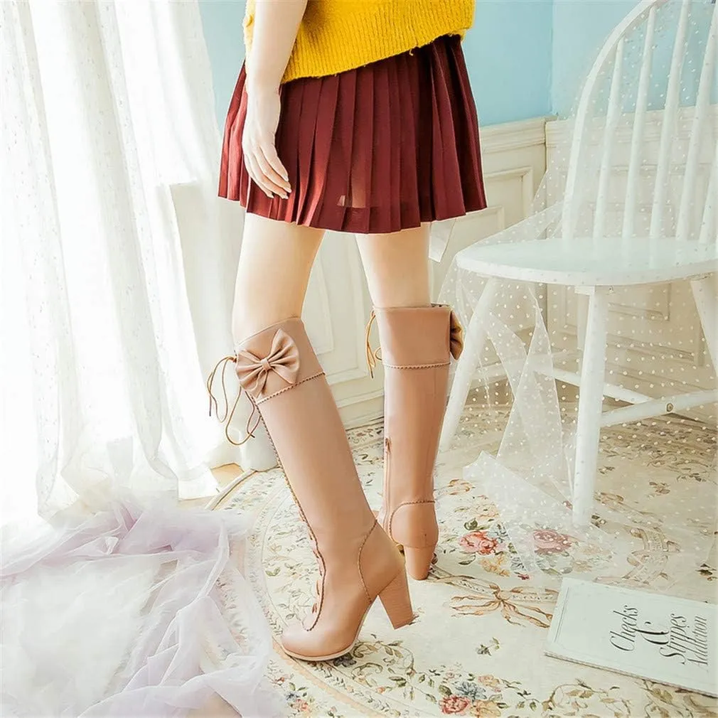 HILIB Women's Lace-Up Strappy Knee High Bowtie Elegants Boots Combat Stacked Heel Boot