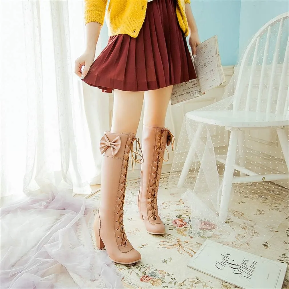 HILIB Women's Lace-Up Strappy Knee High Bowtie Elegants Boots Combat Stacked Heel Boot
