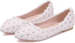 HNVAVQ Elegant Bridal Shoes with Rhinestones Pointed Toe Wedding Shoes for Bride, Bridesmaid Cute Lace Ballet Flats Loafers for Weddings Evening Parties Engagements Ceremony