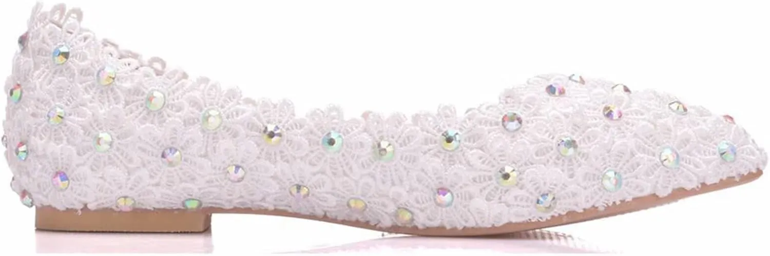 HNVAVQ Elegant Bridal Shoes with Rhinestones Pointed Toe Wedding Shoes for Bride, Bridesmaid Cute Lace Ballet Flats Loafers for Weddings Evening Parties Engagements Ceremony