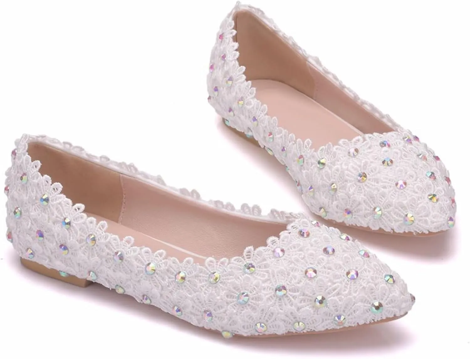 HNVAVQ Elegant Bridal Shoes with Rhinestones Pointed Toe Wedding Shoes for Bride, Bridesmaid Cute Lace Ballet Flats Loafers for Weddings Evening Parties Engagements Ceremony
