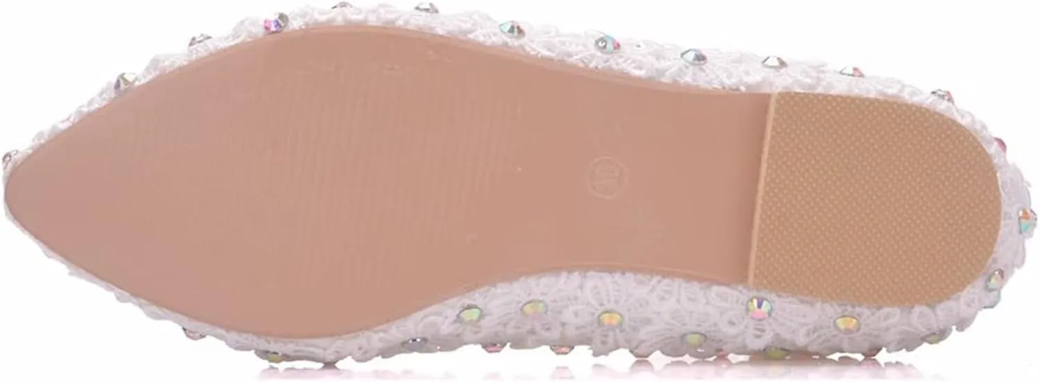 HNVAVQ Elegant Bridal Shoes with Rhinestones Pointed Toe Wedding Shoes for Bride, Bridesmaid Cute Lace Ballet Flats Loafers for Weddings Evening Parties Engagements Ceremony