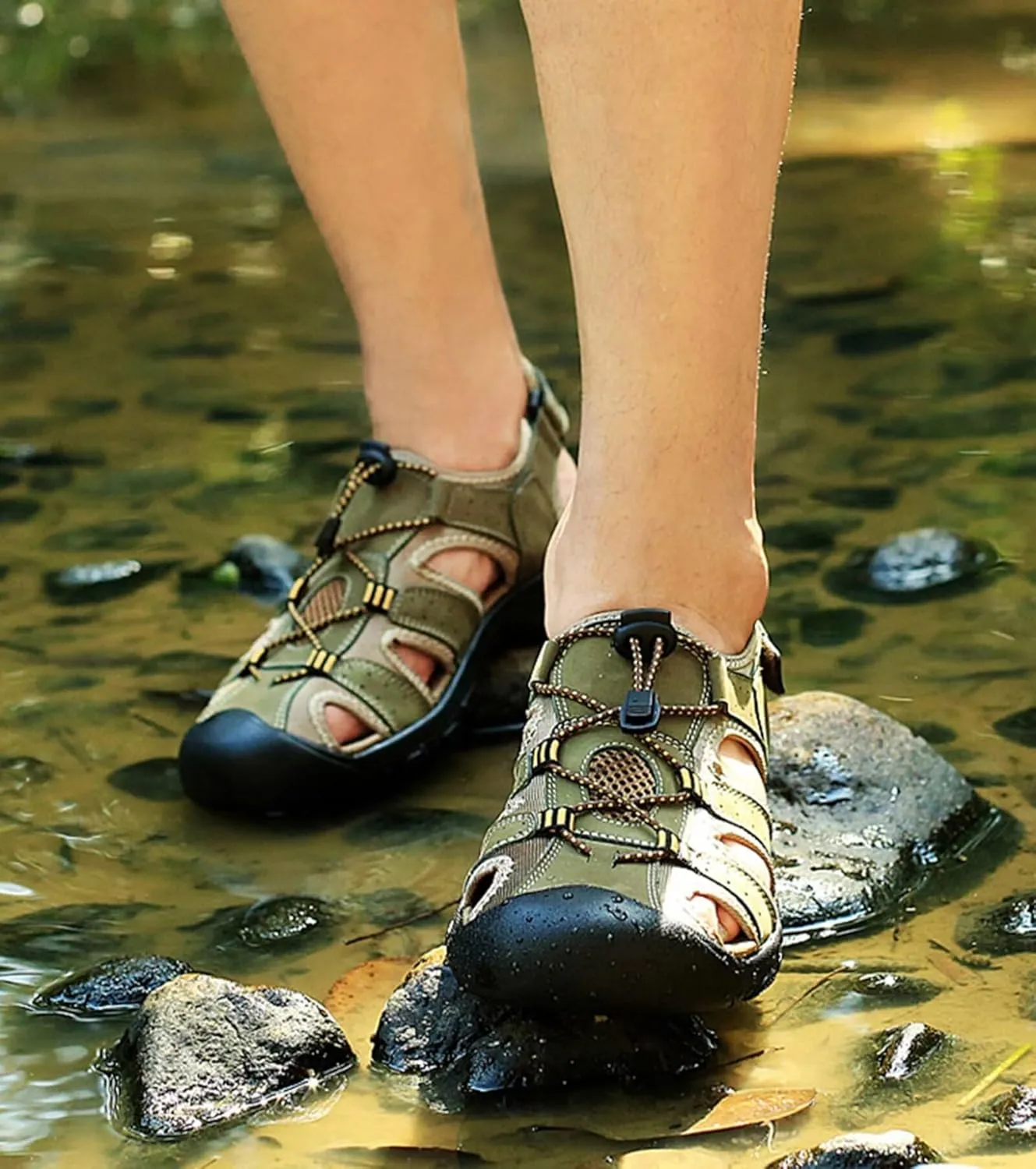 HNVAVQ Mens Outdoor Casual Sandals Leather Closed Toe Sandals Anti Slip Beach Sandals Waterproof Fishing Shoes