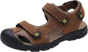 HNVAVQ Mens Outdoor Casual Sandals Leather Closed Toe Sandals Anti Slip Beach Sandals Waterproof Fishing Shoes