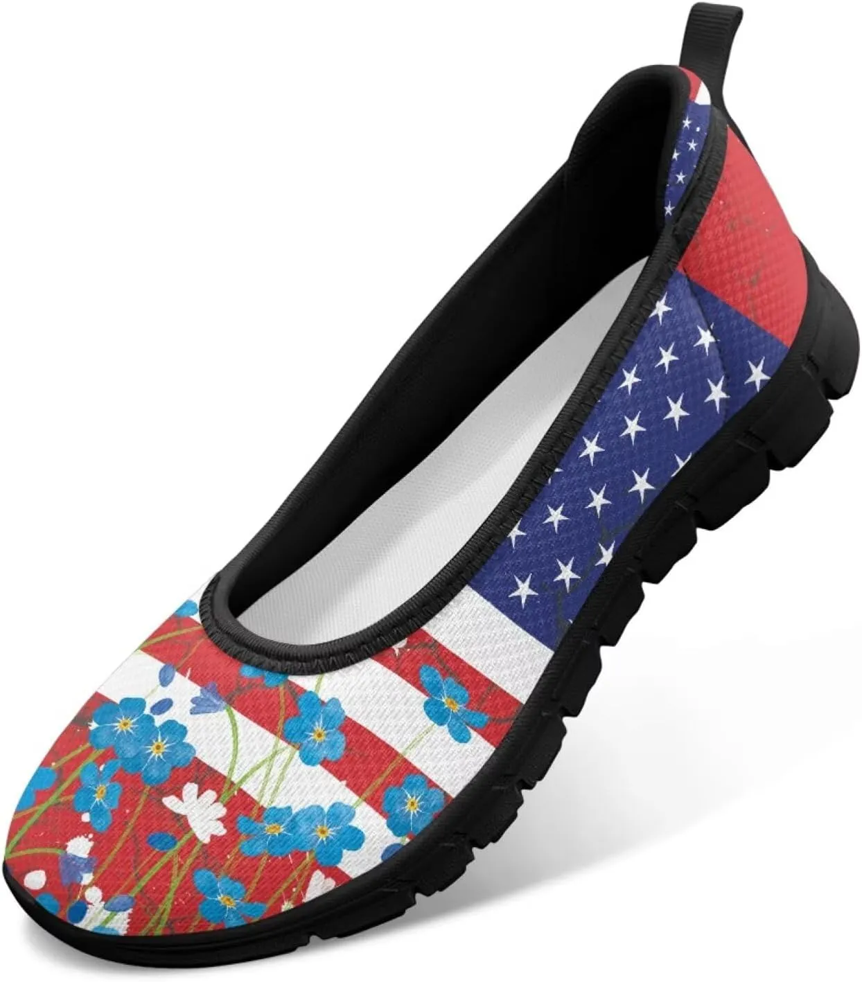 Howilath American Flag Print Flat Shoes for Women Slip on Trekking Shoes Casual Sport Shoes Lightweight Loafers