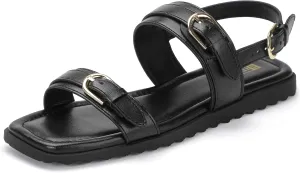 IDIFU Women's Flat Sandals Square Open Toe with Buckles Ankle Strap Slingback Dress Sandal Wedding Prom Beach Comfortable Fashion Summer Dressy Ladies Sandals