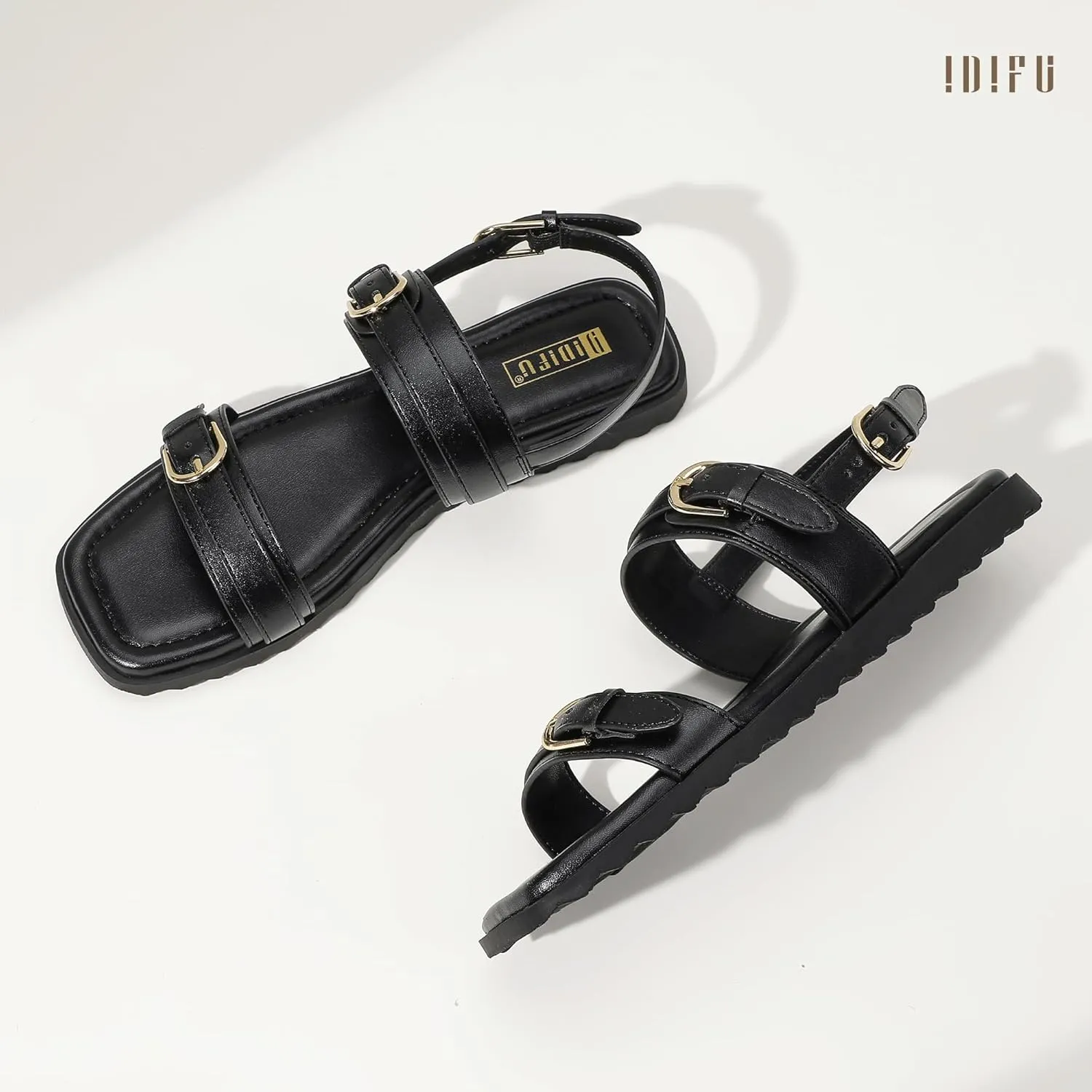 IDIFU Women's Flat Sandals Square Open Toe with Buckles Ankle Strap Slingback Dress Sandal Wedding Prom Beach Comfortable Fashion Summer Dressy Ladies Sandals