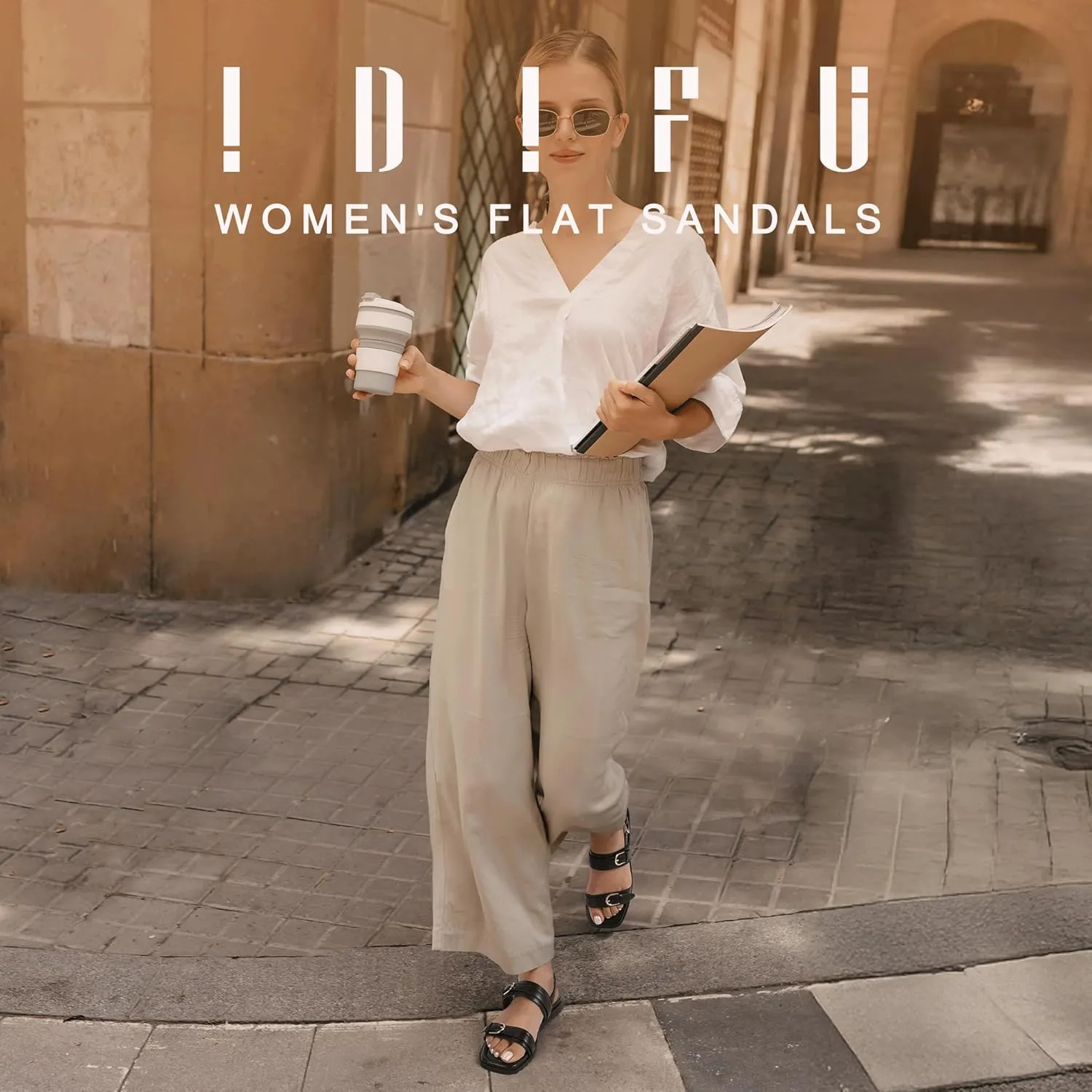 IDIFU Women's Flat Sandals Square Open Toe with Buckles Ankle Strap Slingback Dress Sandal Wedding Prom Beach Comfortable Fashion Summer Dressy Ladies Sandals