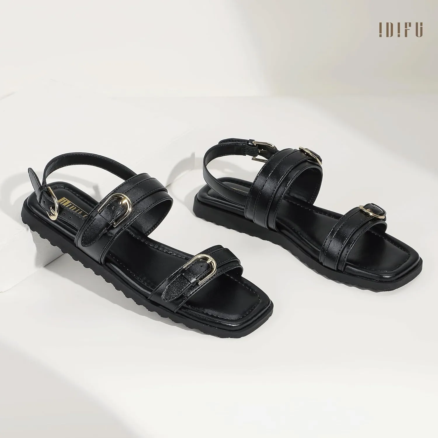 IDIFU Women's Flat Sandals Square Open Toe with Buckles Ankle Strap Slingback Dress Sandal Wedding Prom Beach Comfortable Fashion Summer Dressy Ladies Sandals