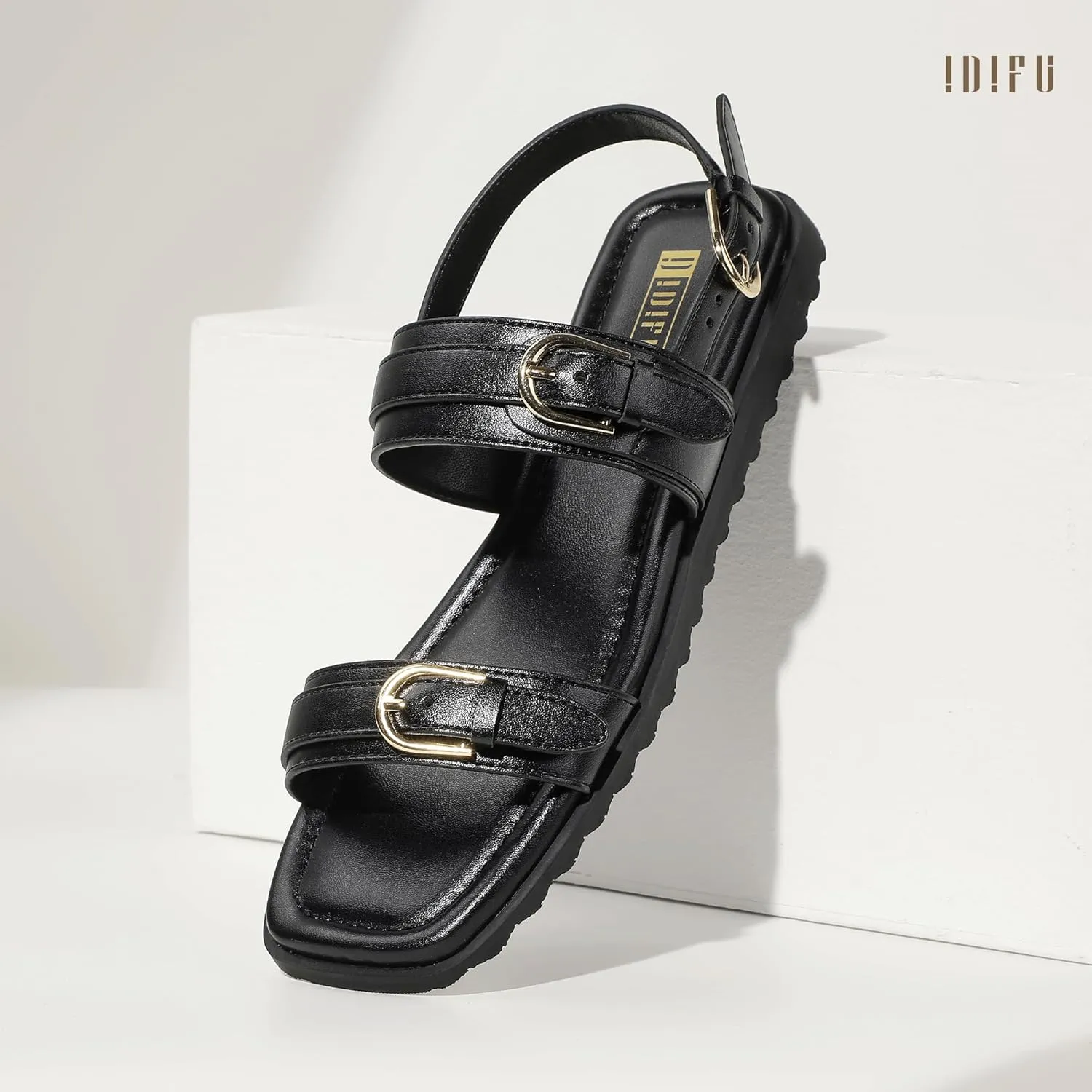 IDIFU Women's Flat Sandals Square Open Toe with Buckles Ankle Strap Slingback Dress Sandal Wedding Prom Beach Comfortable Fashion Summer Dressy Ladies Sandals