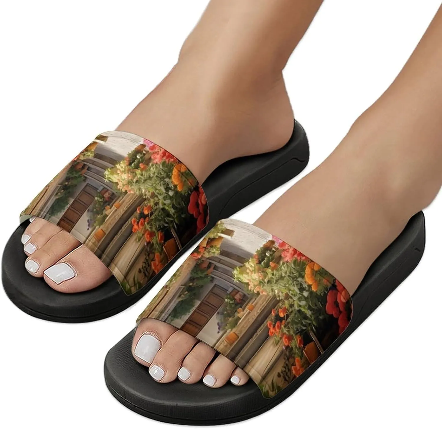 Italian Flowers Town Home Slippers Non-Slip Open Toe PVC Shower Slippers Sandals for Men Women