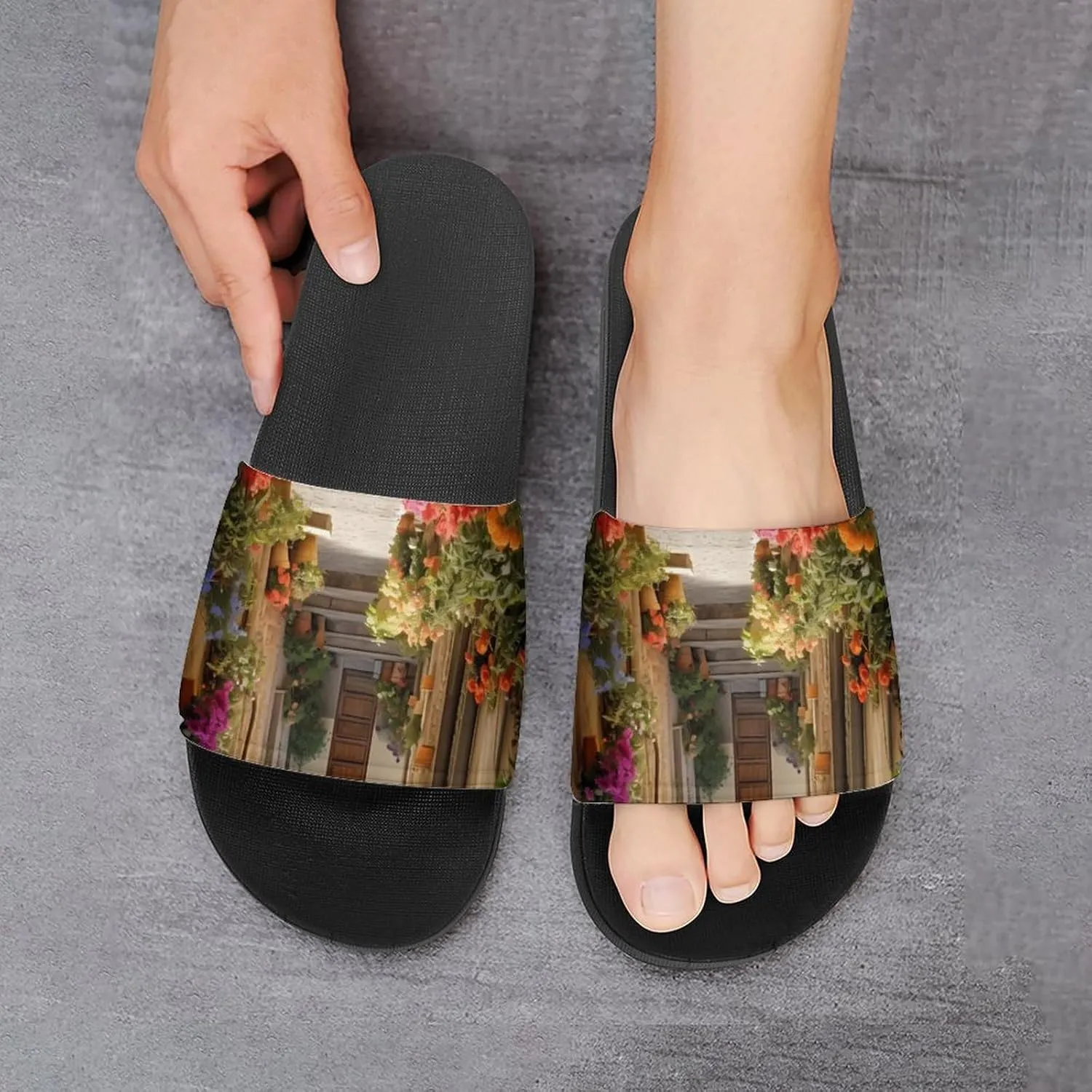 Italian Flowers Town Home Slippers Non-Slip Open Toe PVC Shower Slippers Sandals for Men Women