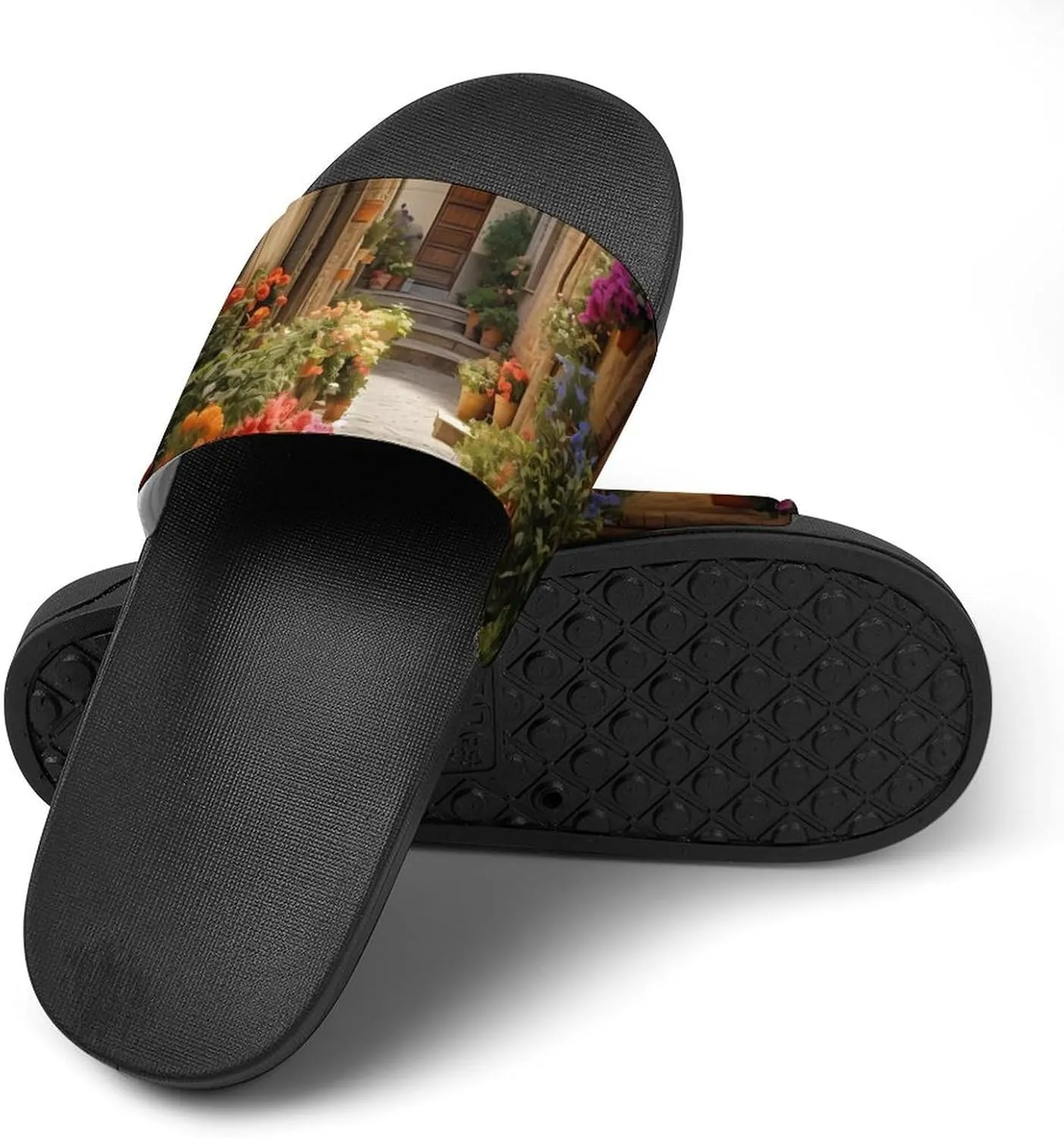 Italian Flowers Town Home Slippers Non-Slip Open Toe PVC Shower Slippers Sandals for Men Women