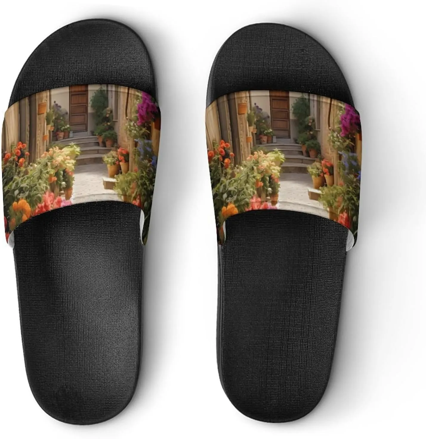 Italian Flowers Town Home Slippers Non-Slip Open Toe PVC Shower Slippers Sandals for Men Women