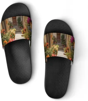 Italian Flowers Town Home Slippers Non-Slip Open Toe PVC Shower Slippers Sandals for Men Women
