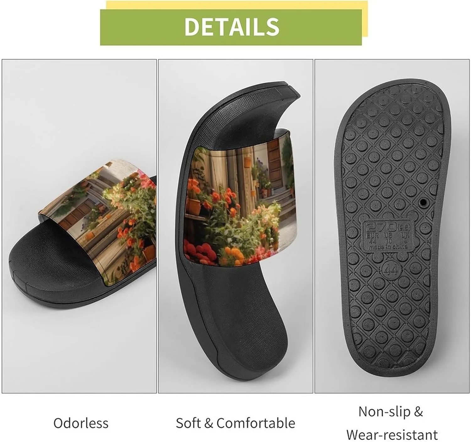 Italian Flowers Town Home Slippers Non-Slip Open Toe PVC Shower Slippers Sandals for Men Women