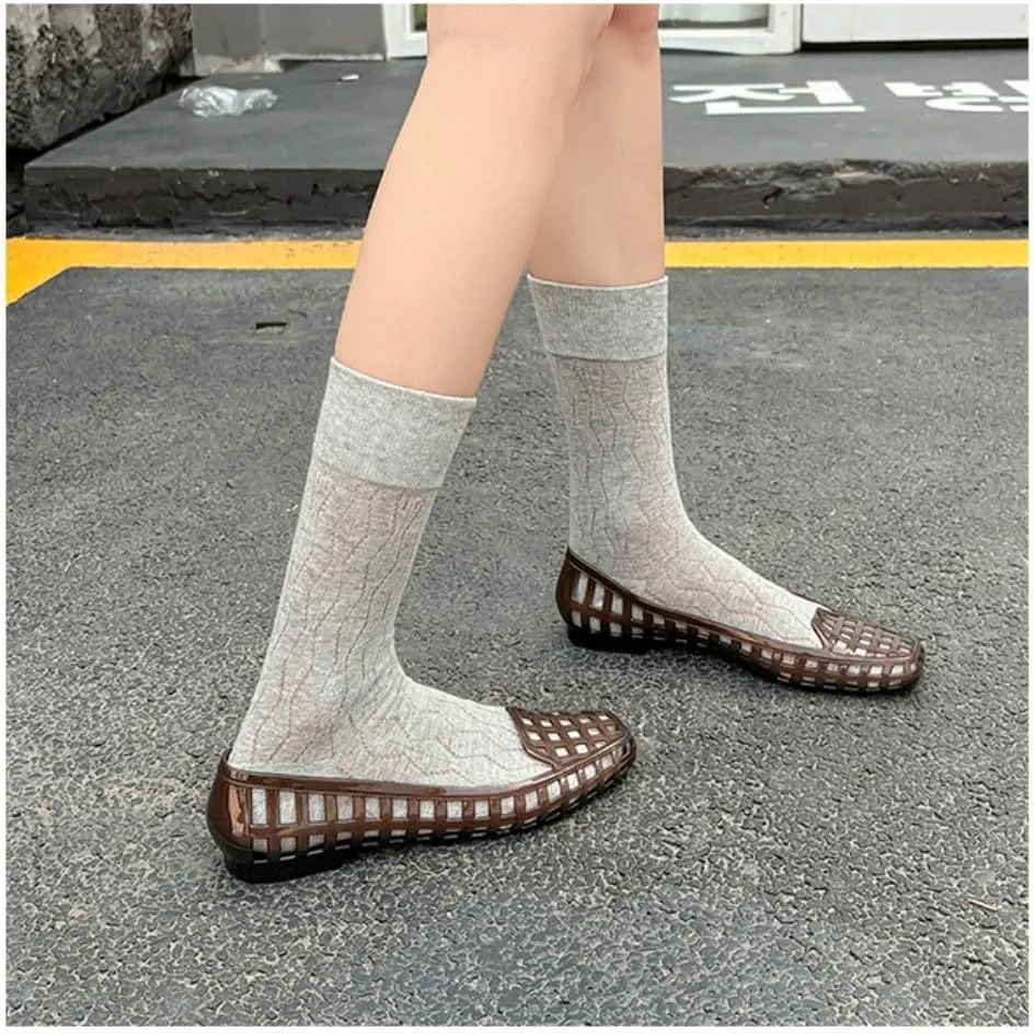 Jelly Mesh Ballet Flats for Women Clear Jelly Sandals Hollow Water Slides Slip on House Slippers Wide Lightweight Breathable No Slip Low Heel Dressy Ballerina Shoes Summer Beach Party Cruise Vacation