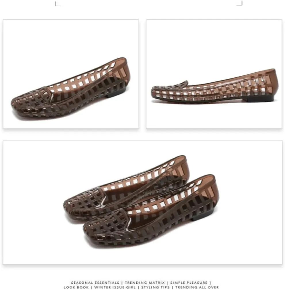 Jelly Mesh Ballet Flats for Women Clear Jelly Sandals Hollow Water Slides Slip on House Slippers Wide Lightweight Breathable No Slip Low Heel Dressy Ballerina Shoes Summer Beach Party Cruise Vacation