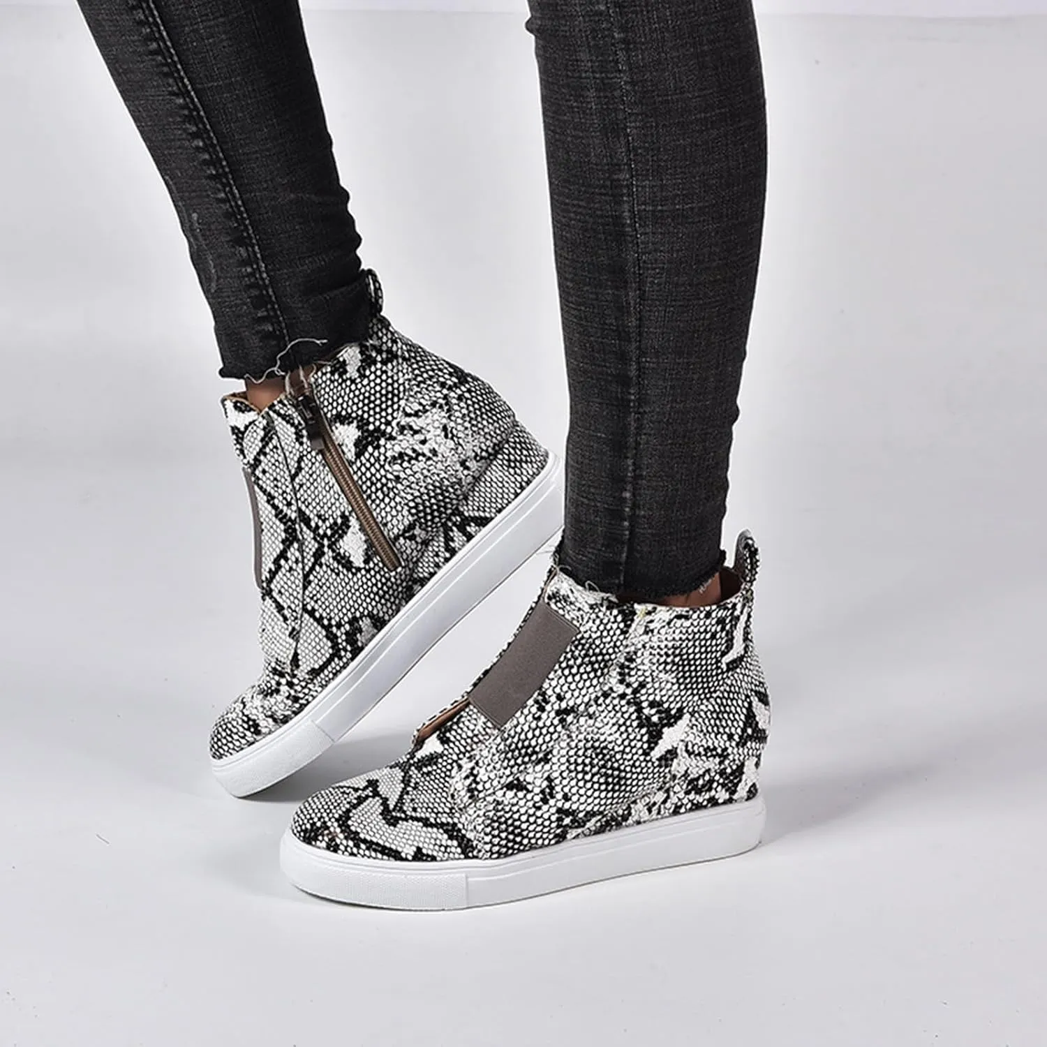 JITUUE Fashion Wedge Sneakers for Women High Top Slip on Platform Shoes Hidden Heel Casual Zipper Ankle Boots