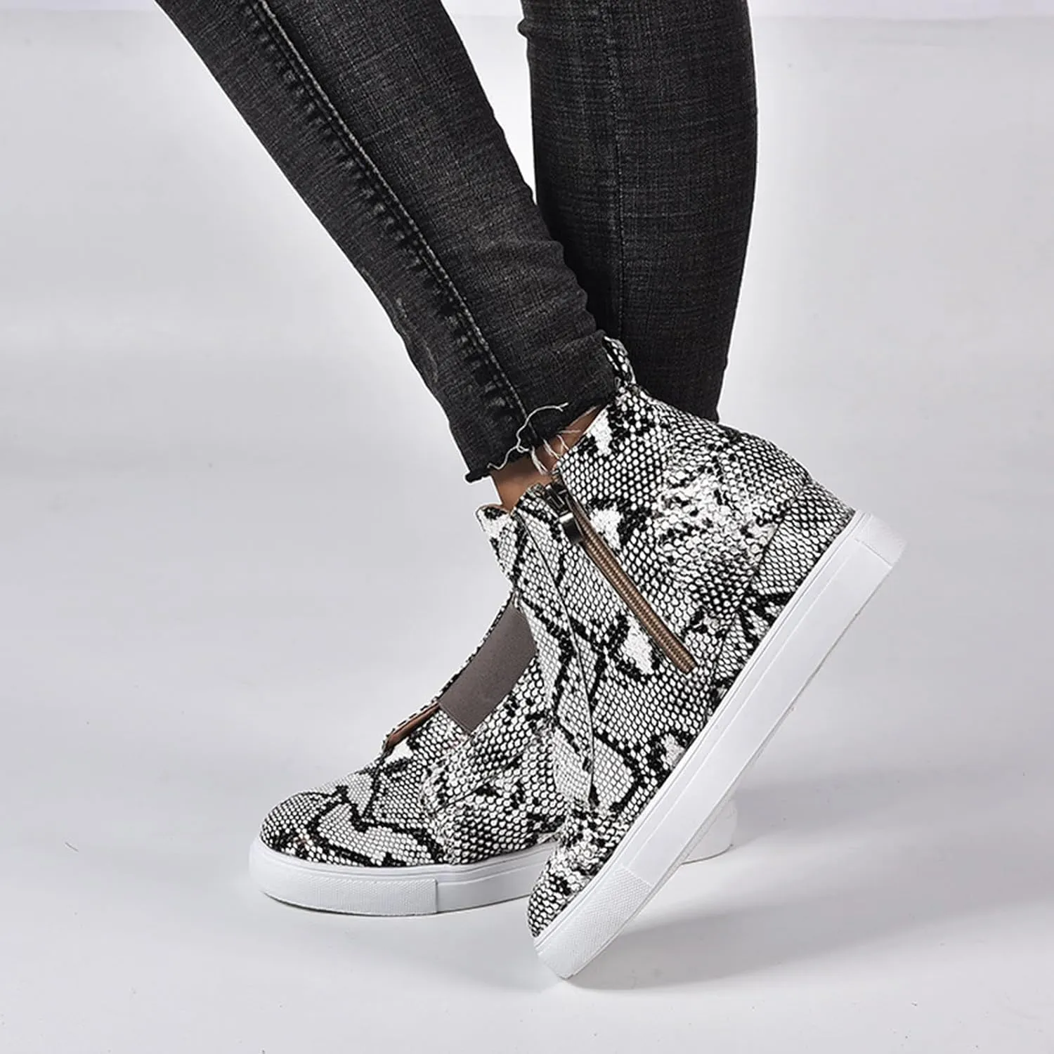 JITUUE Fashion Wedge Sneakers for Women High Top Slip on Platform Shoes Hidden Heel Casual Zipper Ankle Boots