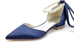 JOEupin Women Pointed Toe Pearl Wedding Flats Satin Flat Bridal Shoes for Bride Prom Evening Bridal Party Dress Flats