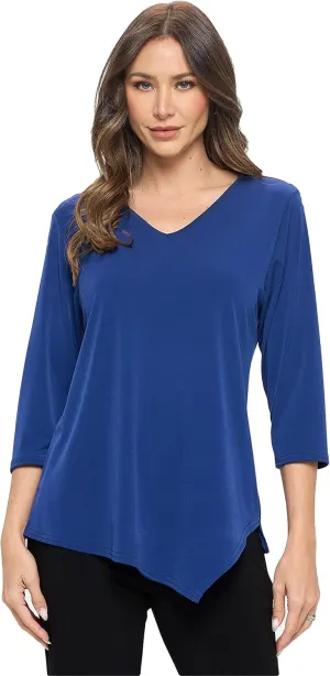 Jostar Women's Casual Tunic Top - 3/4 Sleeve Contrast Print and Solid Center Drop V-Neck Asymmetrical Hem T Shirt Blouse