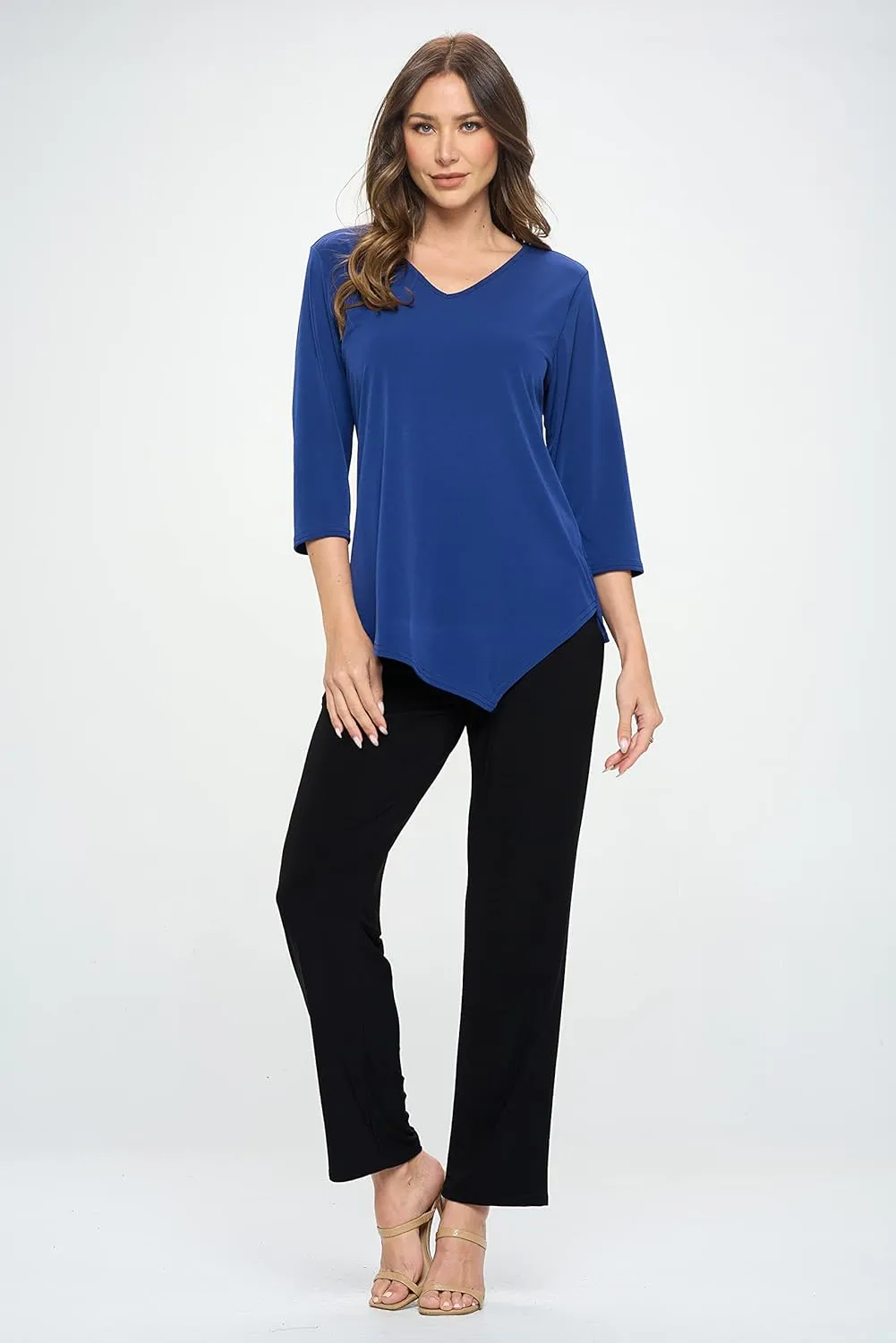 Jostar Women's Casual Tunic Top - 3/4 Sleeve Contrast Print and Solid Center Drop V-Neck Asymmetrical Hem T Shirt Blouse