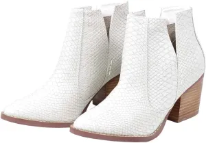 Kathemoi Womens Slip on Ankle Boots V Cutout Pointed Toe Chunky Stacked Mid Heel Booties