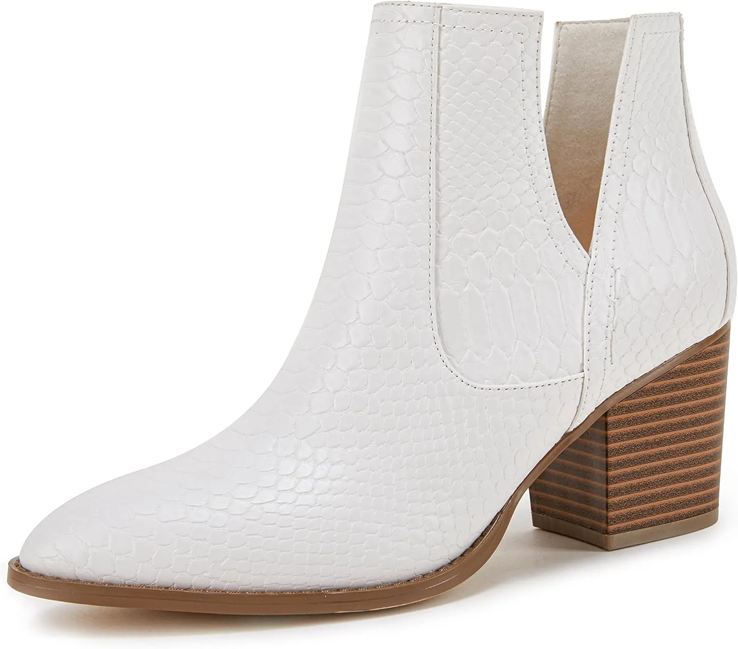Kathemoi Womens Slip on Ankle Boots V Cutout Pointed Toe Chunky Stacked Mid Heel Booties