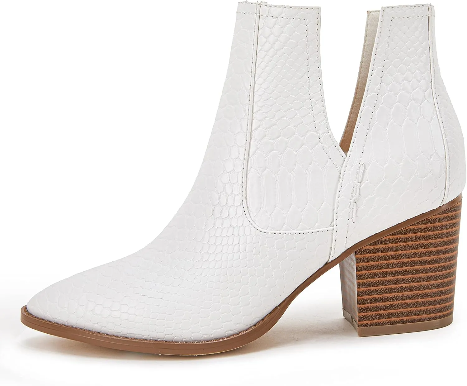 Kathemoi Womens Slip on Ankle Boots V Cutout Pointed Toe Chunky Stacked Mid Heel Booties