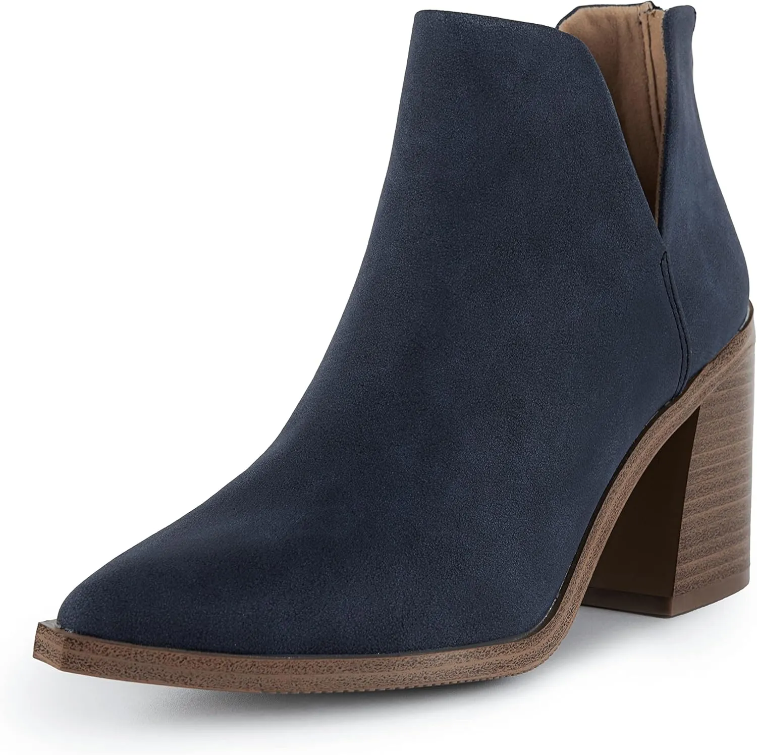 Kathemoi Womens Slip on Ankle Boots V Cutout Pointed Toe Chunky Stacked Mid Heel Booties