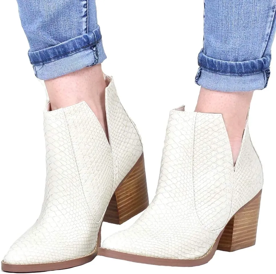 Kathemoi Womens Slip on Ankle Boots V Cutout Pointed Toe Chunky Stacked Mid Heel Booties