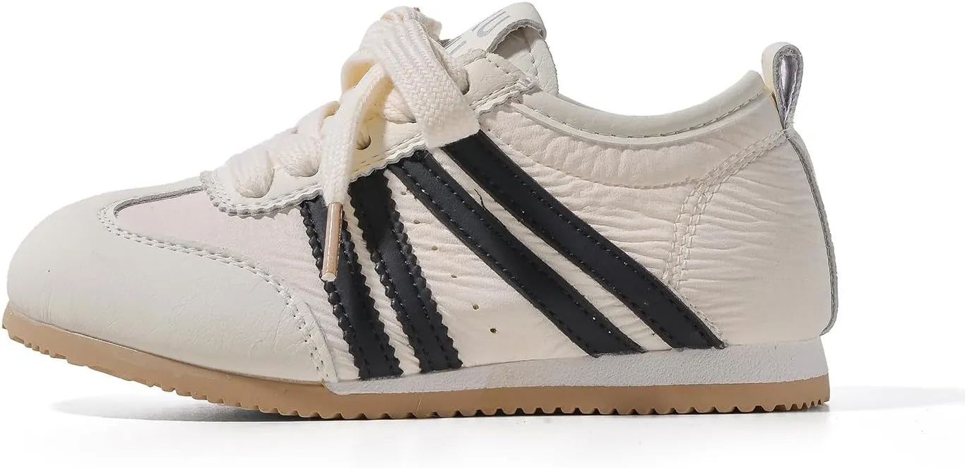 Kids Casual Athletic Sneakers, White with Black Stripes, Lace-up Style